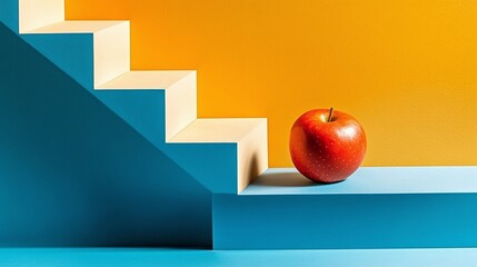Red Fruit On Teal Steps Against Yellow Background