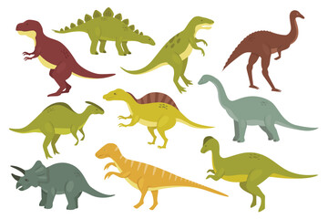 Prehistoric dinosaurs vector illustration set. Cartoon ancient wild animal monsters dino collection with stegosaurus raptor tyrannosaurus brontosaurus spinosaurus styracosaurus isolated on white