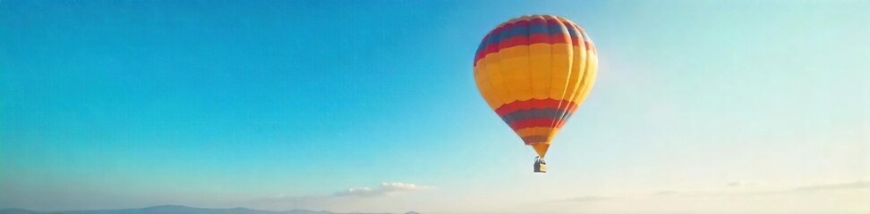 Naklejka premium A vibrant hot air balloon, gracefully soaring through a clear blue sky, casting a long shadow on the ground below Perfect for travel, adventure, and freedom concepts , atmosphere, aircraft, sunset