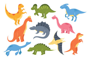 Dinosaurs vector illustration set. Cartoon cute colorful prehistoric animal monsters, baby dino paleontology collection with tyrannosaurus brontosaurus plesiosaurus pterodactylus isolated on white
