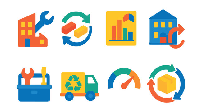 Flat vector icons of building lifecycle and circular design: design-for-disassembly icon, materials reuse loop, lifecycle assessment chart, adaptive reuse building, refurbish toolkit, demolition