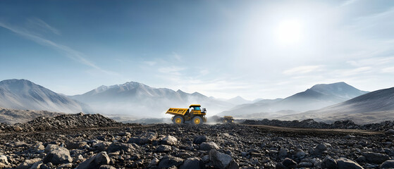 Heavy Machinery Truck In Mining Landscape Under Sunny Sky