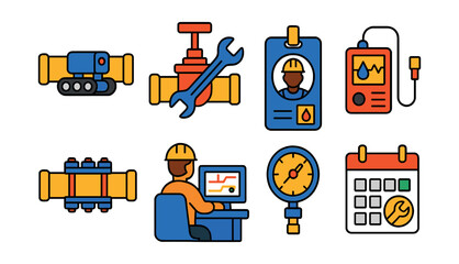 Flat vector icons of natural gas infrastructure maintenance: pipeline inspection robot, valve wrench tool, maintenance crew badge, corrosion monitoring device, pipeline repair clamp, control room