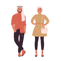 Muslim young fashionable couple people vector illustration. Cartoon arab flat young man and woman standing together, arabian boyfriend and girlfriend wearing modern clothes isolated on white