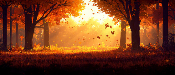 Autumn Forest Scene With Warm Sunlight