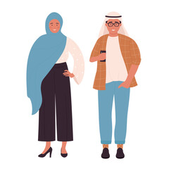 Fototapeta premium Muslim fashionable couple people vector illustration. Cartoon arab flat young man and woman standing together, arabian husband and wife wearing modern clothes isolated on white