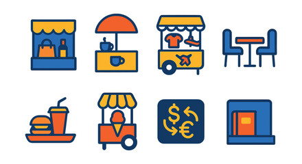 Flat vector icons of airport retail and dining: duty-free shop, coffee kiosk, souvenir stand, food court, fast food tray, ice cream cart, currency exchange, bookstore.