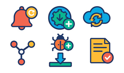 Flat vector icons of software support and updates: update notification icon, software installation badge, bug fix patch, cloud sync symbol, version control, rollback button, download progress bar,