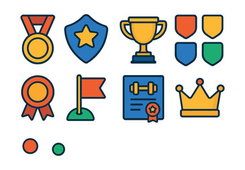 Flat vector icons of gym rewards and achievements: achievement medal icon, milestone badge, progress trophy, badge collection, personal record ribbon, goal reached flag, fitness certificate,