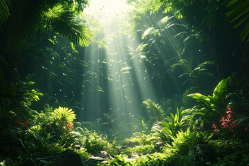 Obraz premium Sunlight streaming through dense jungle trees.