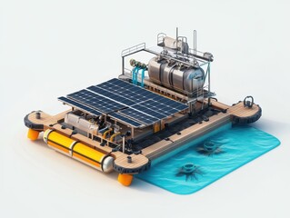 Technical schematic of a solar-powered desalination raft near a coastal village in exploded view showing evaporation trays, condensation tanks, and marine life-safe anchors