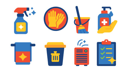 Flat vector icons of gym hygiene and cleanliness: disinfectant spray icon, cleaning gloves badge, mop and bucket, hand sanitizer, towel service, trash bin, air purifier, cleanliness checklist.