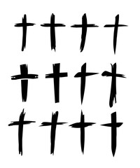 Set of Silhouette Black Icons: Crosses, Crux Symbols, Religious Distress Shapes (Vector)