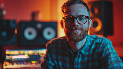 Man with beard in home music studio with speakers and audio equipment for recording and mixing music