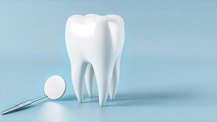 white healthy tooth and dental mirror on a light blue background with free space for text. Dental medical education