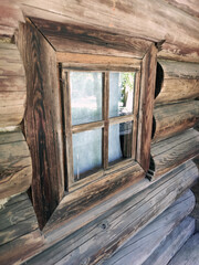 antique wooden window, village huts, houses, wall with brown logs, rural wooden house, rustic