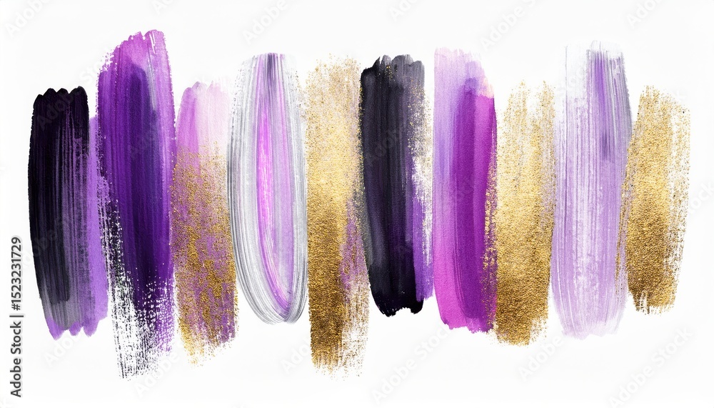 Poster luxurious purple and gold brush stroke collection with metallic texture and glitter splatter on whit