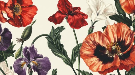 Botanical Illustration of Poppies and Irises