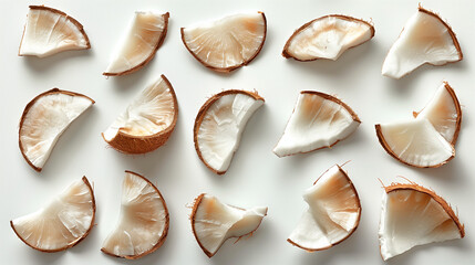dried coconut slices arranged in a clean flat lay, isolated on white background, sharp natural texture, soft shadows, minimalist food photography