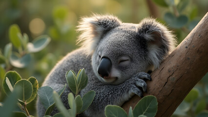 Koala sleeping in eucalyptus leaves. Ultra realistic koala images. Cute koala photos in nature. Relaxing koala scenes among trees.