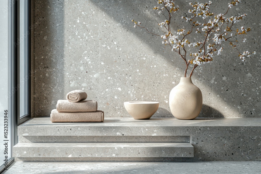 Poster relaxing interior design featuring neutral tones and natural elements in a modern space with towels,
