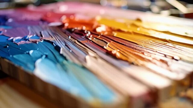 Vibrant spectrum of colorful paint strokes applied on blocks of wood on a light wood surface in a studio setting.