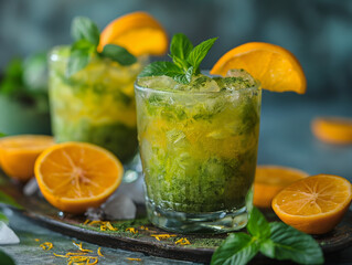 Fototapeta premium Cooling zest explosion in a glass. Citrus-mint mocktail with crushed ice and orange garnish. Ideal for summer beverage ads, wellness blogs, or tropical menu designs.