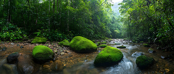 Obraz premium Rainforest Creek With Mossy Rocks