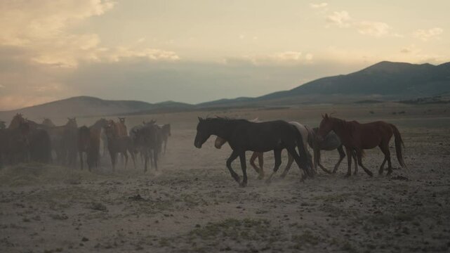 Wild horses running and grazing during sunset in the high desert mountains