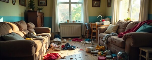 A messy living room with discarded clothes, toys scattered on the floor, and unwashed dishes piled high in the sink; a clear image of domestic disarray , domestic disarray, toys