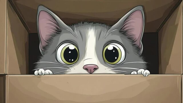 A cartoon cat with big eyes peeks out from inside a brown cardboard box