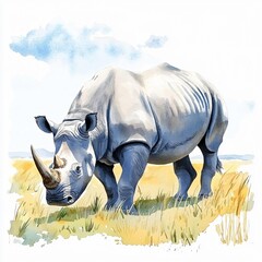 Fototapeta premium Majestic rhinoceros grazing in serene grasslands nature illustration vibrant watercolor environment wildlife viewpoint conservation concept