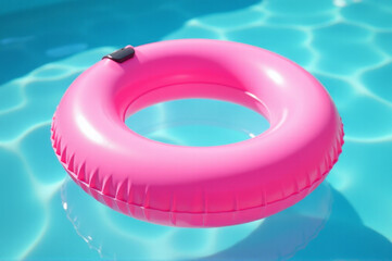 A pink inflatable ring floats on the surface of a pool, perfect for summer fun and games
