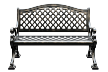 Serene iron bench awaits a quiet moment of reflection in a peaceful garden setting with on transparent background