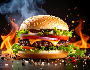 Delicious burger on dark background