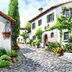 Fototapeta premium Charming cobblestone street village scene quaint european location watercolor art lush greenery inviting atmosphere serene viewpoint