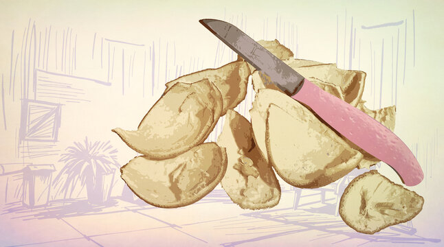 A pink-colored fruit knife on orange peels. Digital illustration in abstract art style with a retro look.