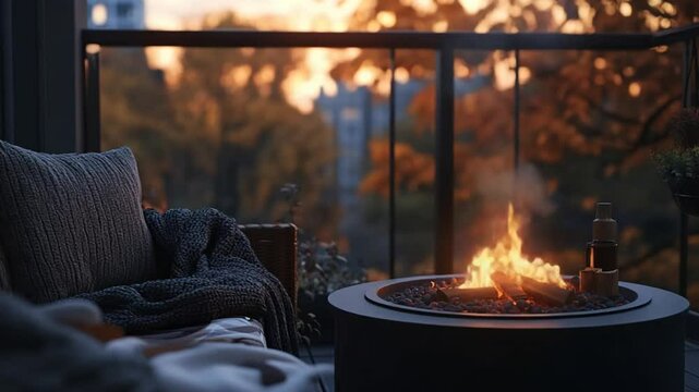 Cozy evening on the balcony with a fire pit and city view at twilight