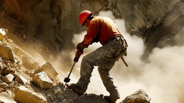 Hard Work in Mining Industry: Man Operating Jackhammer in a Rocky Quarry