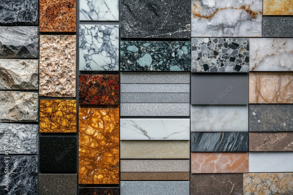 Poster diverse collection of stone and material samples showcasing various textures and colors arranged on 