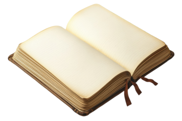 Awaiting untold stories within the aged open book beckoning writers and dreamers to fill the on transparent background