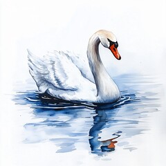 Fototapeta premium Graceful swan gliding through tranquil lake reflections serene nature scene watercolor art peaceful environment artistic perspective
