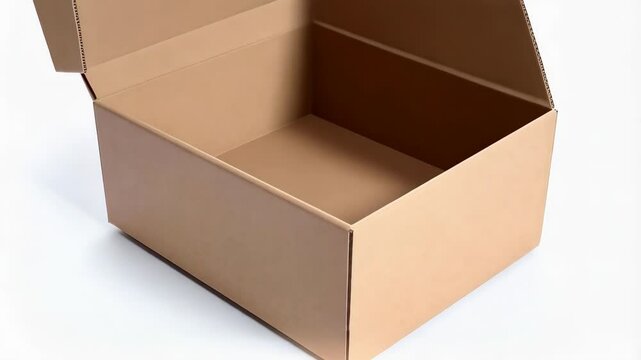 Open cardboard box with lid ajar on white background, studio shot of brown container for packing or storage, delivery package concept