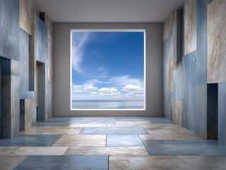 Modern minimalist interior design showcasing textured wall panels and expansive window with breathtaking sky view emphasizing spaciousness and tranquility in a serene living space