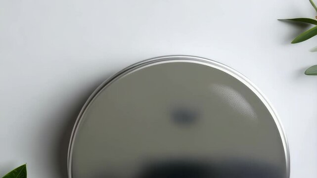 Minimalist product mockup featuring a round silver container with natural green plant accents against a clean white background