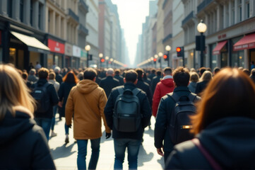 Massive group of people strolling down a busy urban street