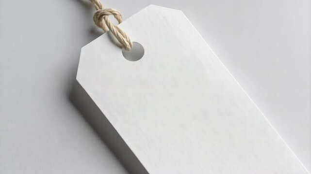 Blank white tag with textured surface attached with a twisted natural fiber string on a plain bright background, ready for custom labeling.