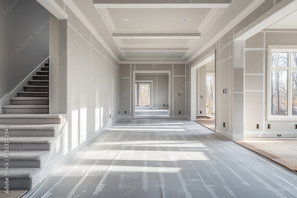 Poster natural light streams into an unfinished room with drywall and shadows on the floor in winter