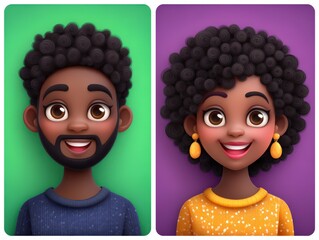 Fototapeta premium Cheerful young couple with curly hairstyles smiling against vibrant backgrounds showcasing joy creativity and happiness radiating warmth and connection in a joyful illustration