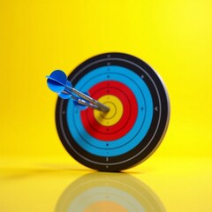 A dartboard with three blue darts stuck in it.The dartboard is circular, with concentric rings of yellow, red, and dark blue.